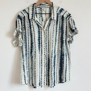 Sundance Annie Indigo Short Sleeve Collared Shirt Watercolor Stripe Gauzy Small